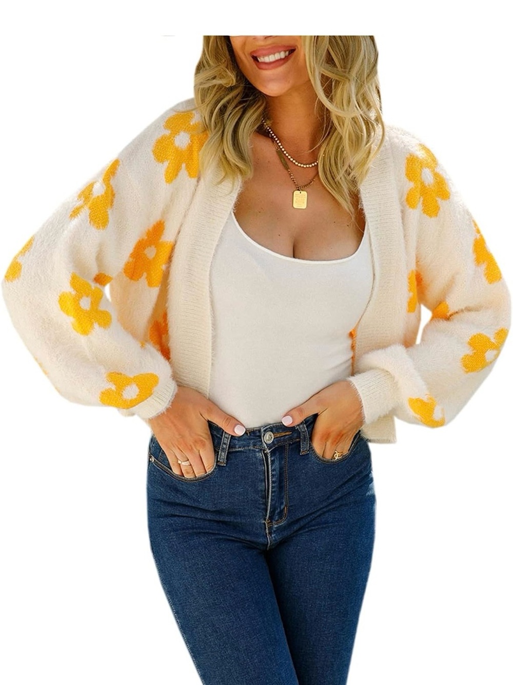 EcoWish Cream Cardigan Sweater with Yellow Floral Pattern